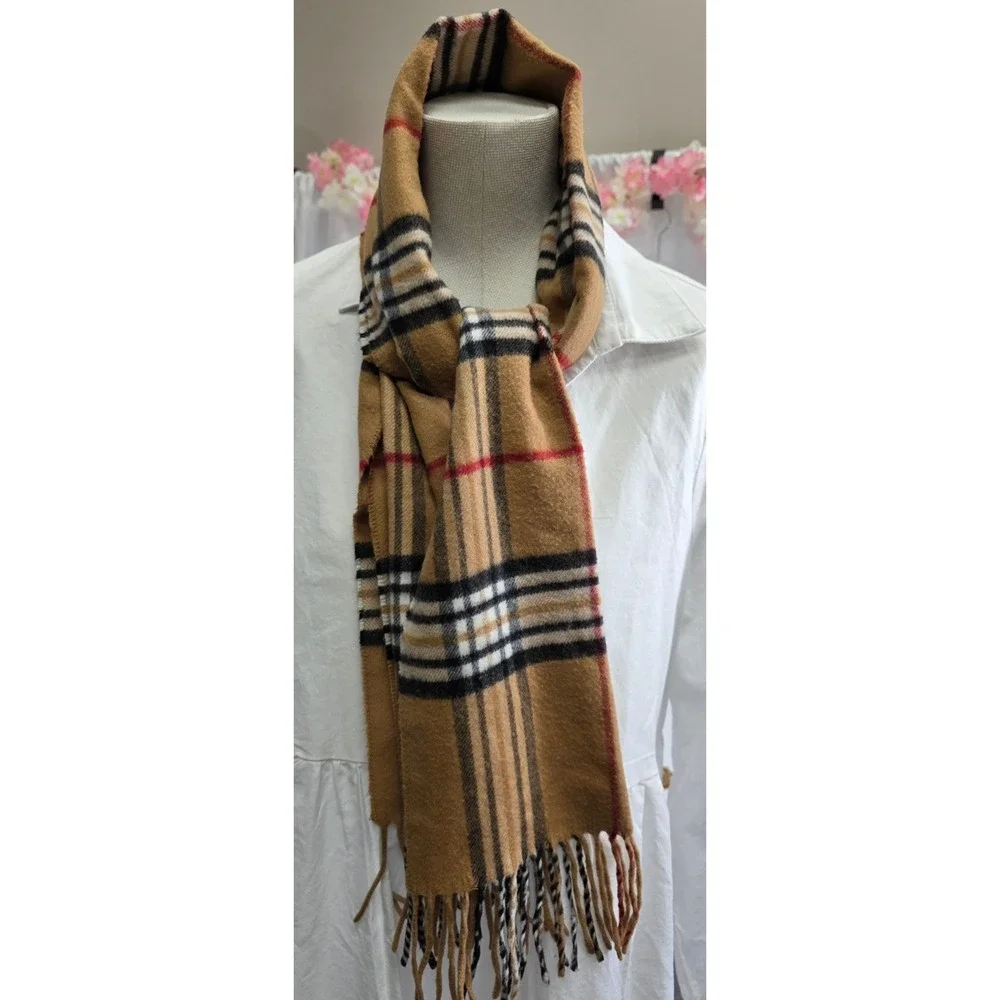 Nordstrom Cashmink Scarf Mens Tan Plaid Check Made in Germany Acrylic Fringe